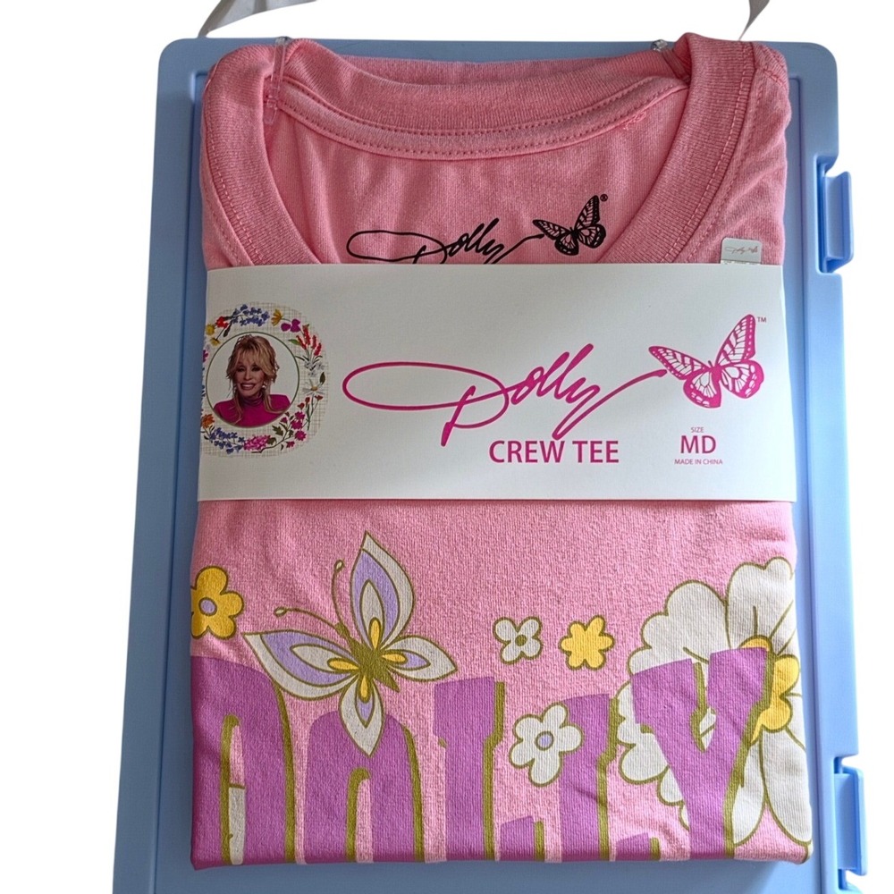Dolly Parton Pink Graphic Crew Tee Butterfly Floral Short Sleeve Shirt Medium